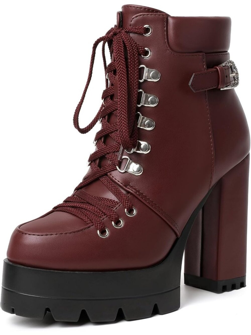 Women's Burgundy Lace Up Solid Casual High Heels Round Toe Zipper Ankle Boot